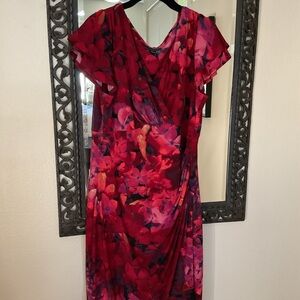 Lauren Ralph Lauren Red and Pink Floral Faux wrap Midi Dress